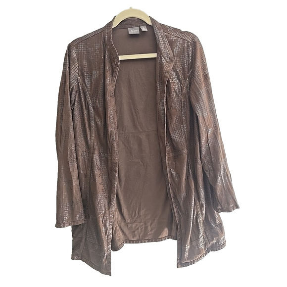 Chico's Travelers Brown Geometric Open Front Long Sleeve Jacket Womans Size LG - Picture 1 of 5